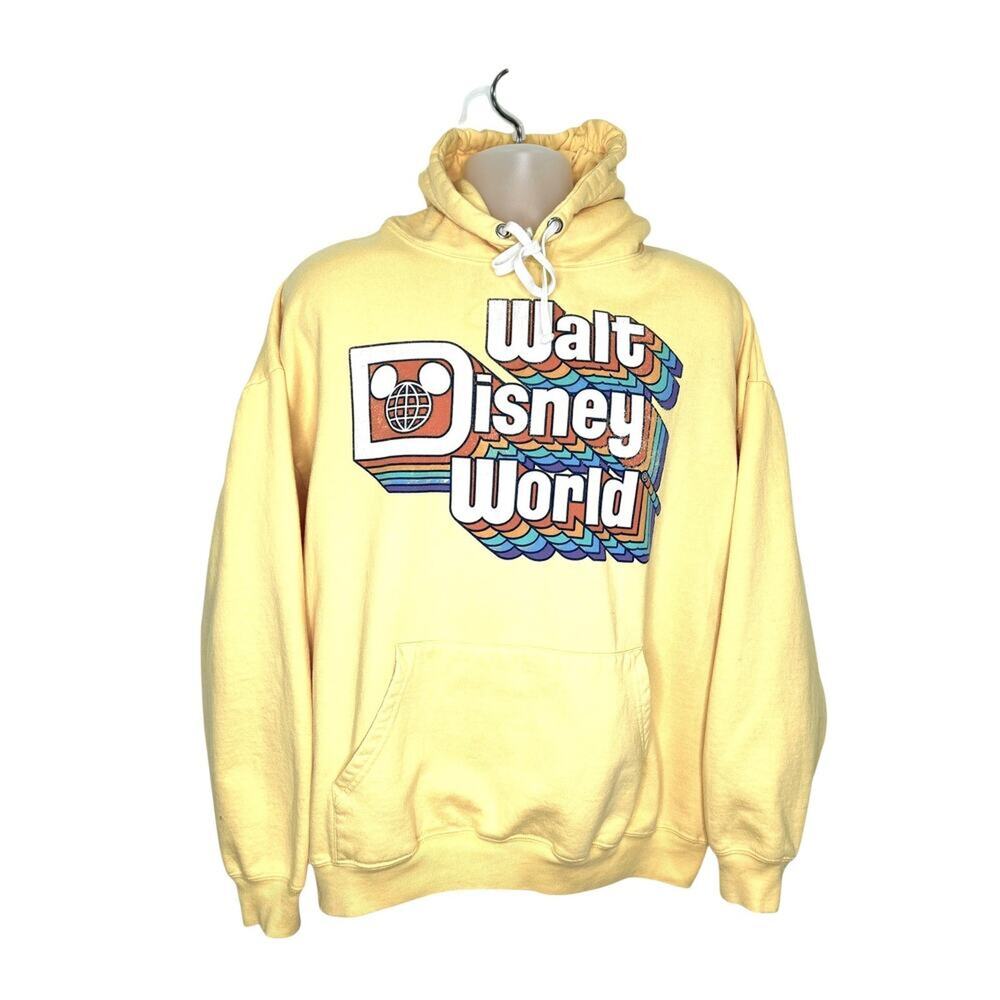 Walt Disney World Vintage Rainbow Logo Hoodie Sweatshirt in Butter Yellow XL